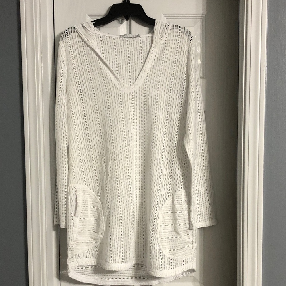 Prana Mesh Hooded Long Sleeve Beach Lightweight Knit Swim Coverup in White Large